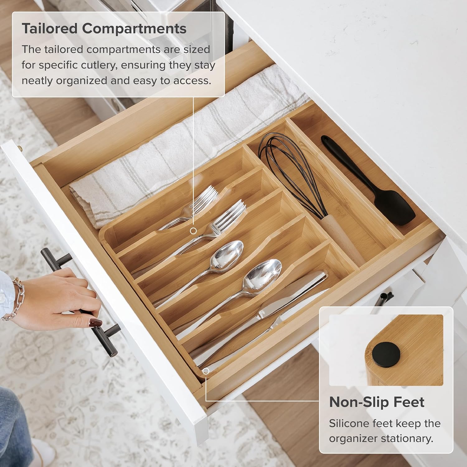 KitchenEdge Silverware Organizer - Cutlery, Flatware, and Utensil Holder for Kitchen Drawers, Fixed