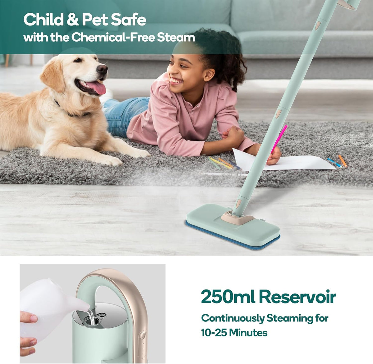 Newbealer Steam Mop & Detachable Handheld Cleaner, 250ml 1200W Powerful Floor Steamer, 3 Adjustable