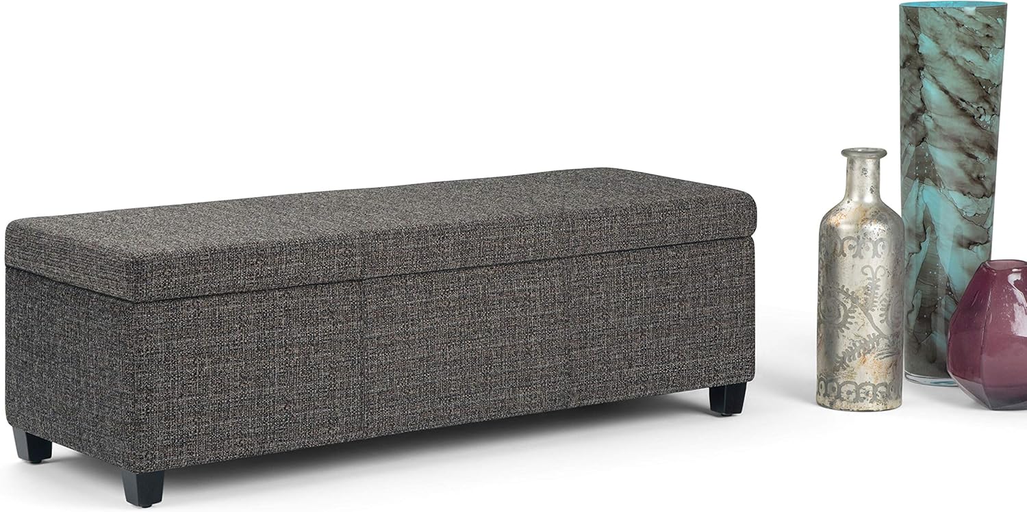 SIMPLIHOME Avalon 48 inch Wide Contemporary Rectangle Storage Ottoman Bench in Dark Grey Tweed Look