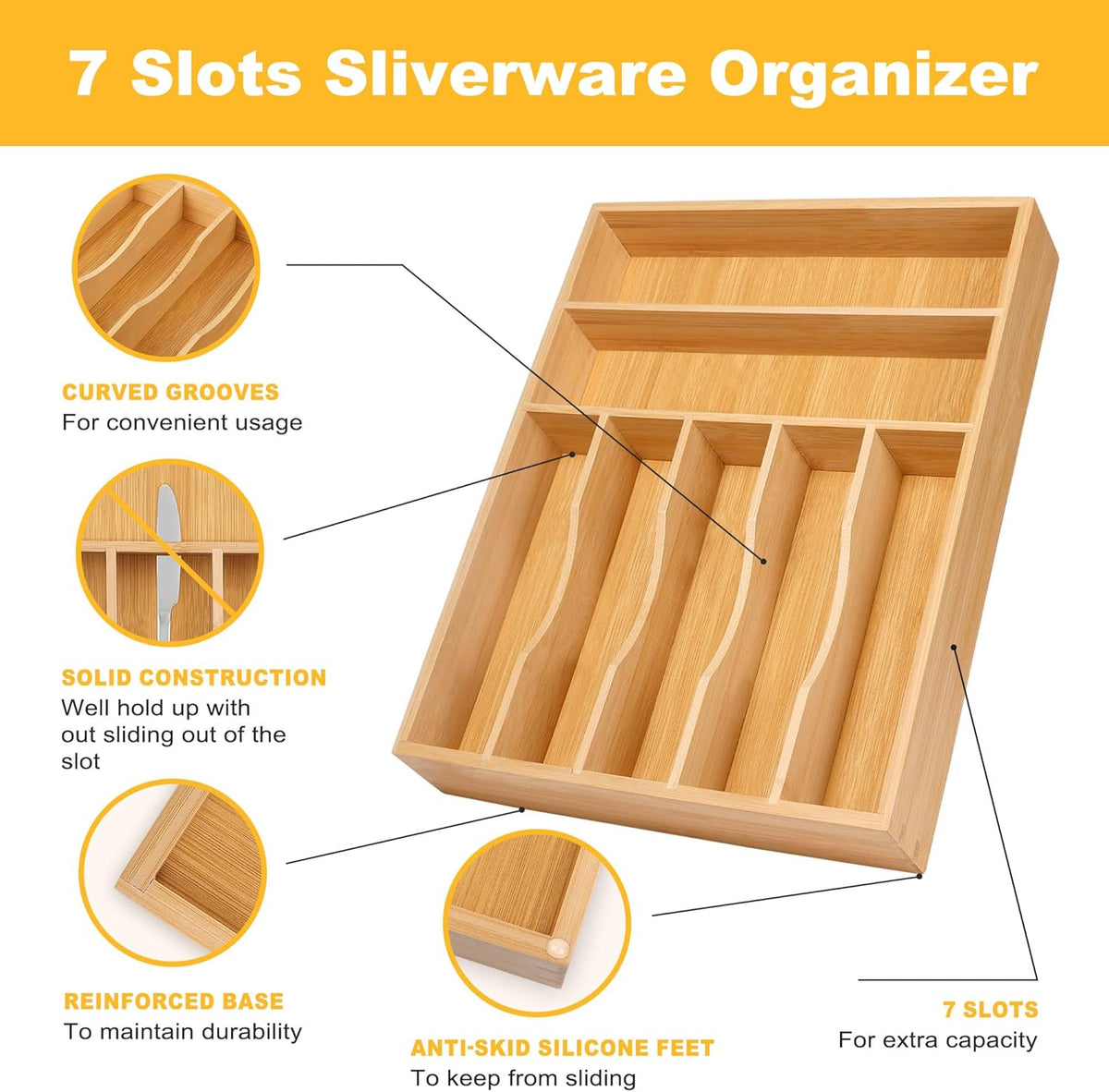 Kitchen Bamboo Silverware Organizer, Kitchen Drawer Organizer - Utensil Holder and Cutlery Tray