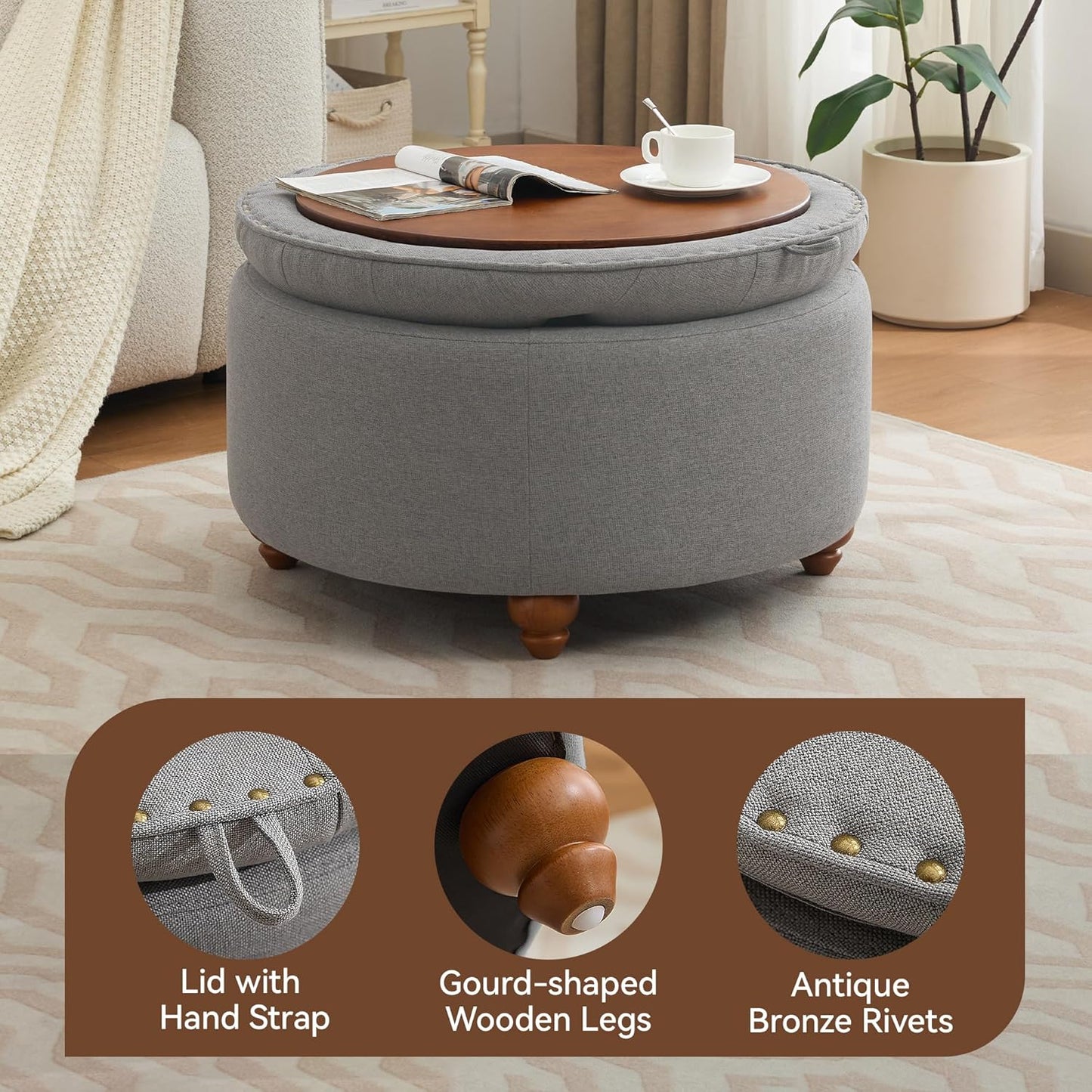 30Inch Round Storage Ottoman with Tray, Modern Tufted Fabric Circle Coffee Table with Storage