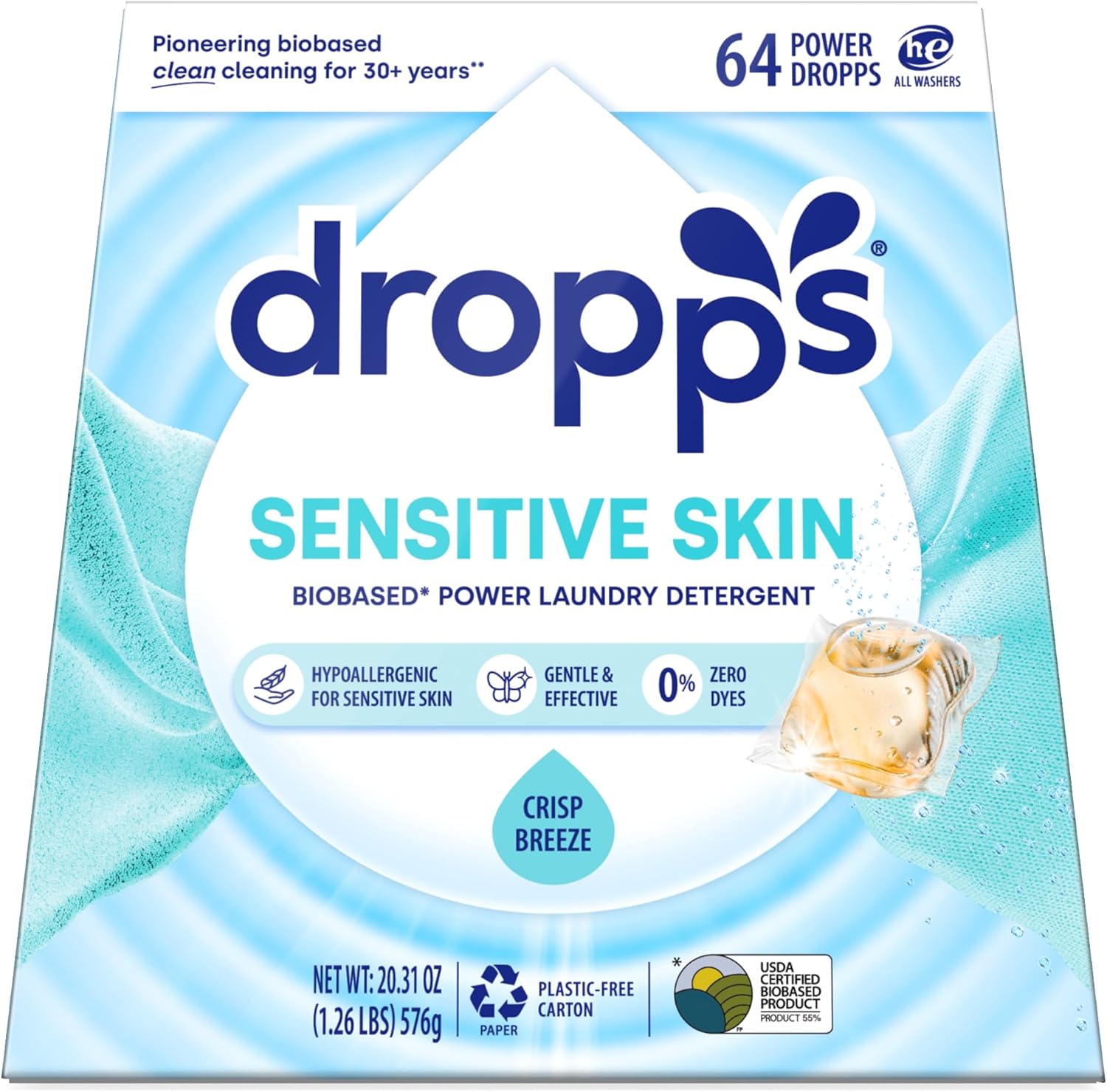 Dropps Sensitive Skin Laundry Detergent Pods, Crisp Breeze (64 Count) - Dermatologist Tested