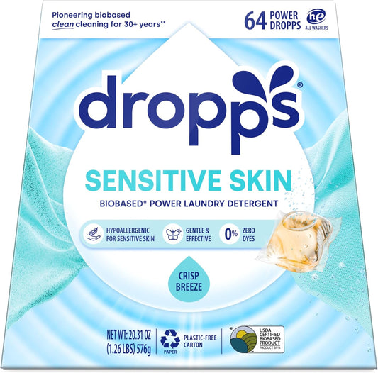Dropps Sensitive Skin Laundry Detergent Pods, Crisp Breeze (64 Count) - Dermatologist Tested