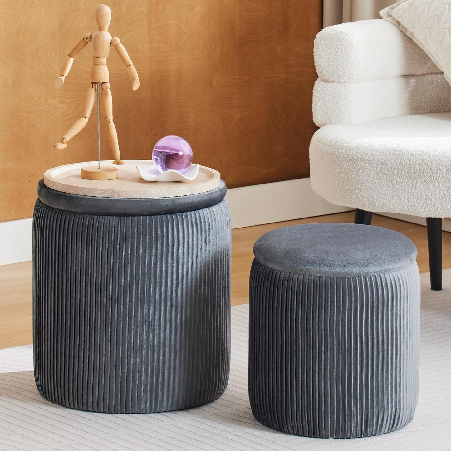 Round Ottoman with Storage Set of 2-Upholstered Velvet Vanity Stool for Makeup Multifunctional
