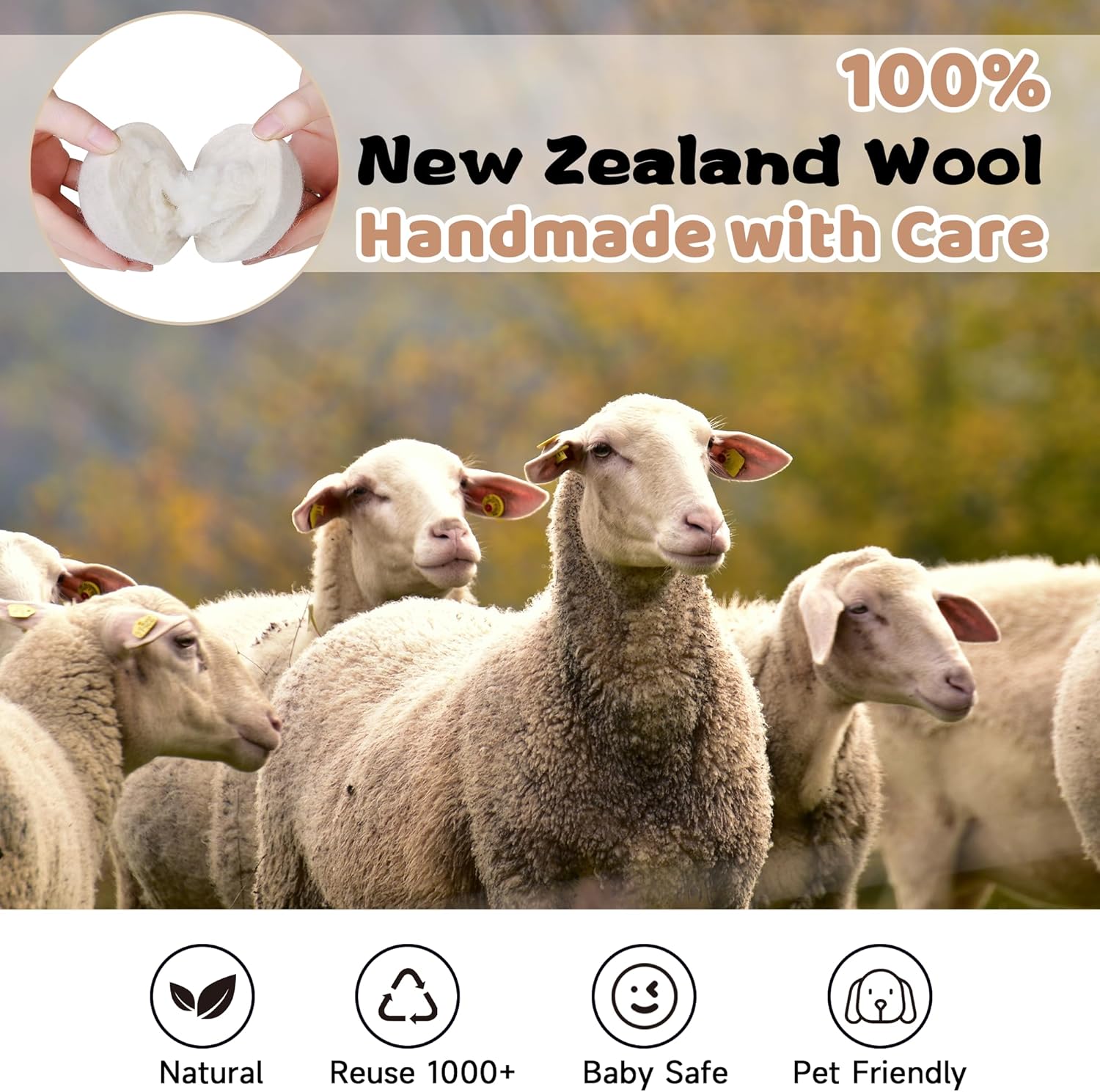 Wool Dryer Balls Laundry Reusable, Natural Eco-Friendly Fabric Softener Reduce Clothing Wrinkles