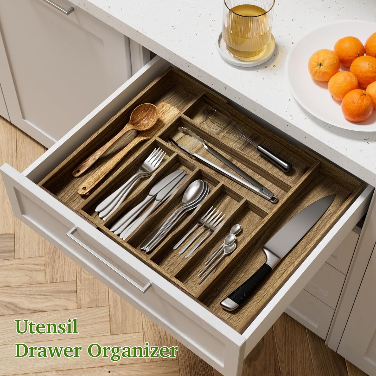 Acacia Wood Kitchen Silverware Drawer Organizer, Expandable Utensil Cutlery Drawer Organizer with