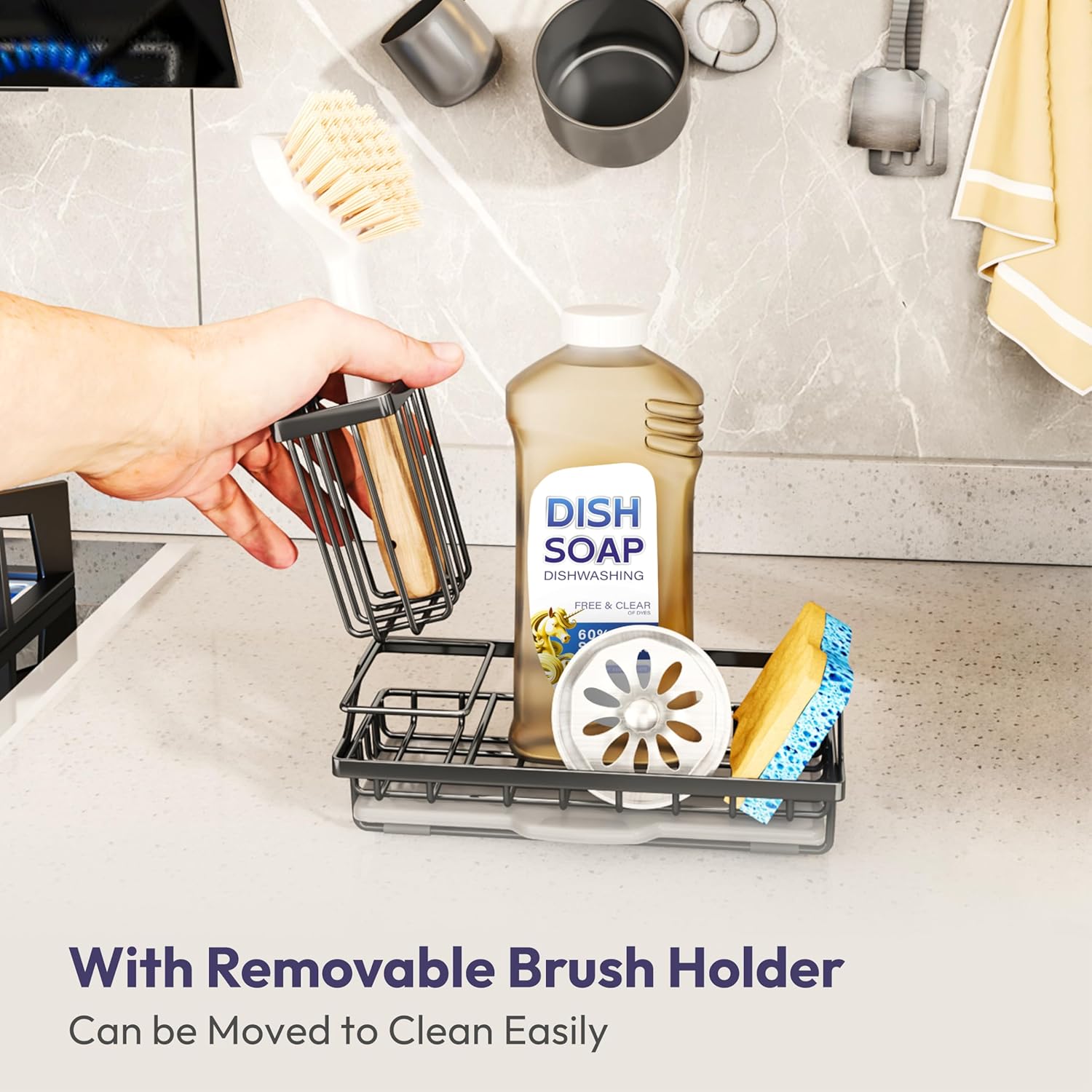 SWTYMIKI Sink Caddy Sponge Holder - Kitchen Sink Organizer with High Brush Holder for Countertop to