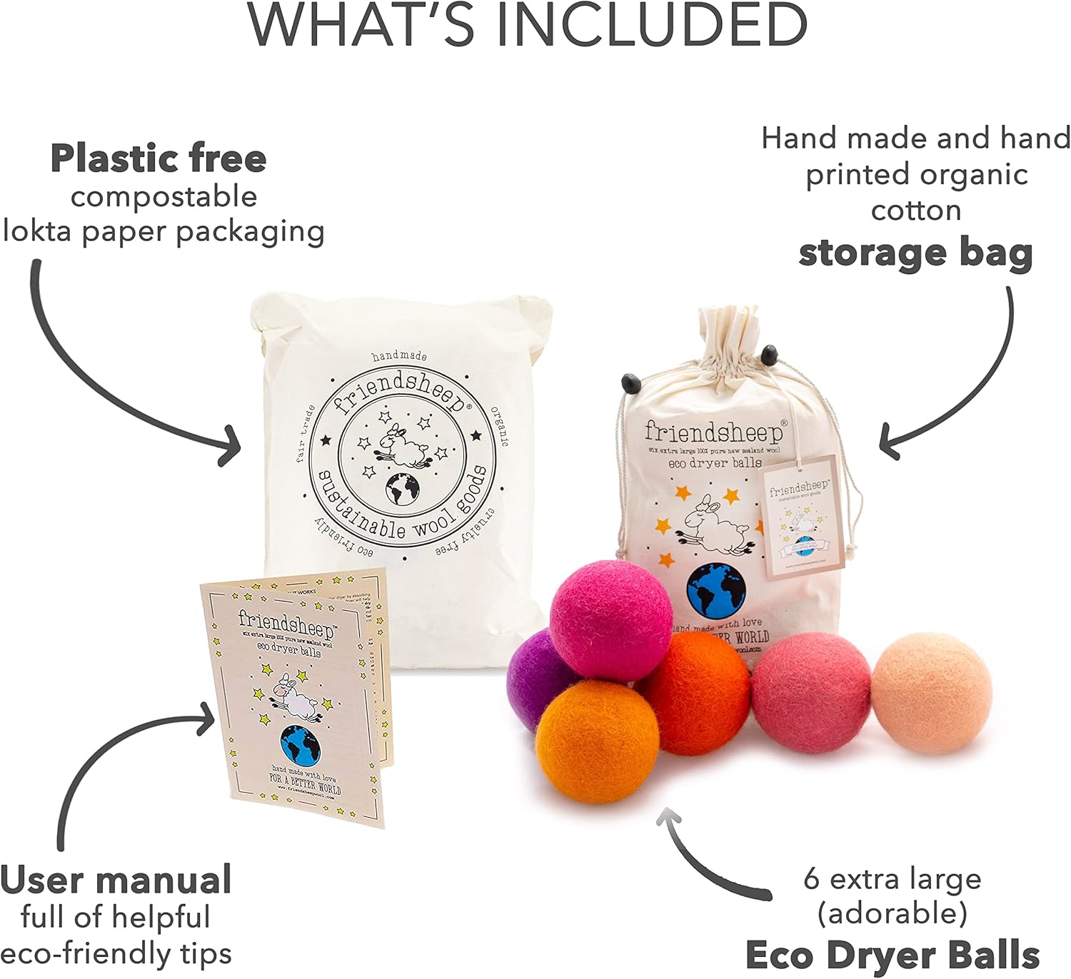 Friendsheep Wool Dryer Balls 6 Pack XL Organic Premium Reusable Cruelty Free Handmade Fair Trade No