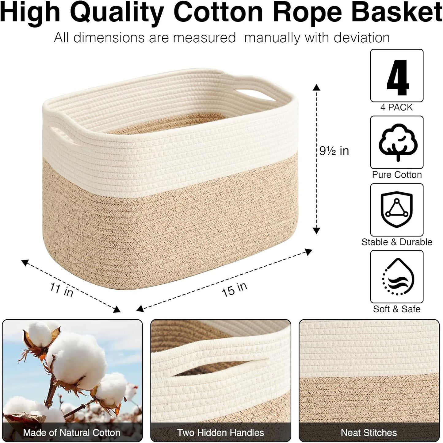 Storage Baskets for Organizing & Shelves, Woven Cotton Rope Organization Bins for Dog Toys