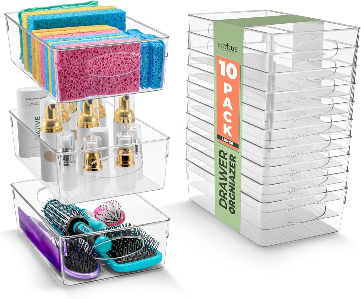 Sorbus Large Clear Plastic Storage Bins, 10 Pack Clear Organizer Bins with Handles, Plastic Storage