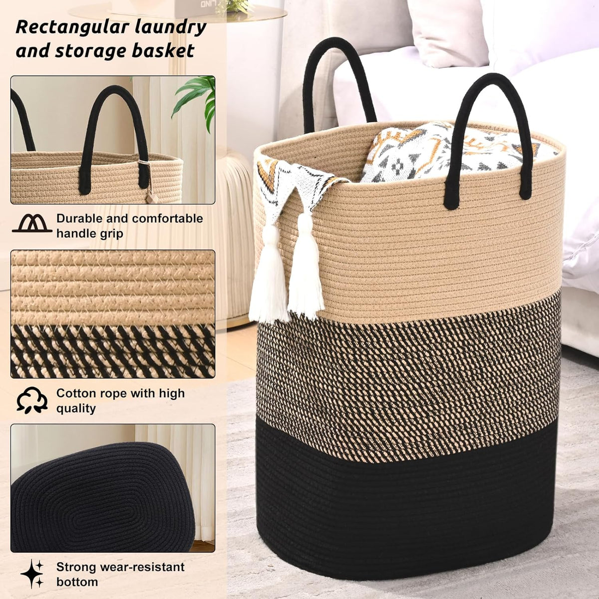 Woven Laundry Basket for Clothes, 100 L Large Rectangle Laundry Hampers, Nursery Storage Basket for