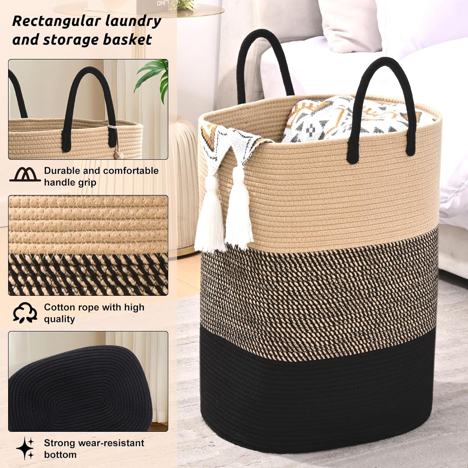 Woven Laundry Basket for Clothes, 100 L Large Rectangle Laundry Hampers, Nursery Storage Basket for