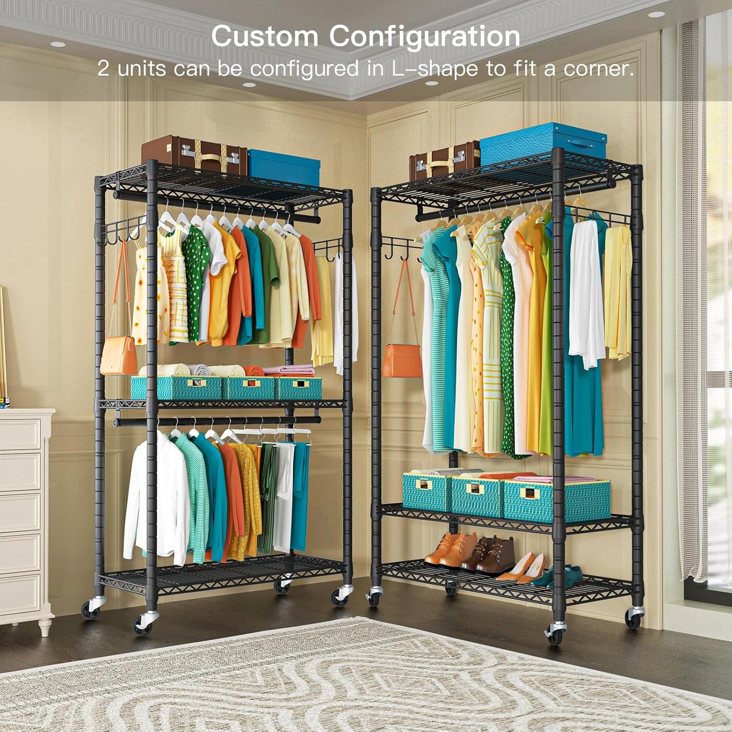 FUTASSI P1 Heavy Duty Garment Rack, 3 Tiers Adjustable Rolling Metal Closet Organizer with Lockable