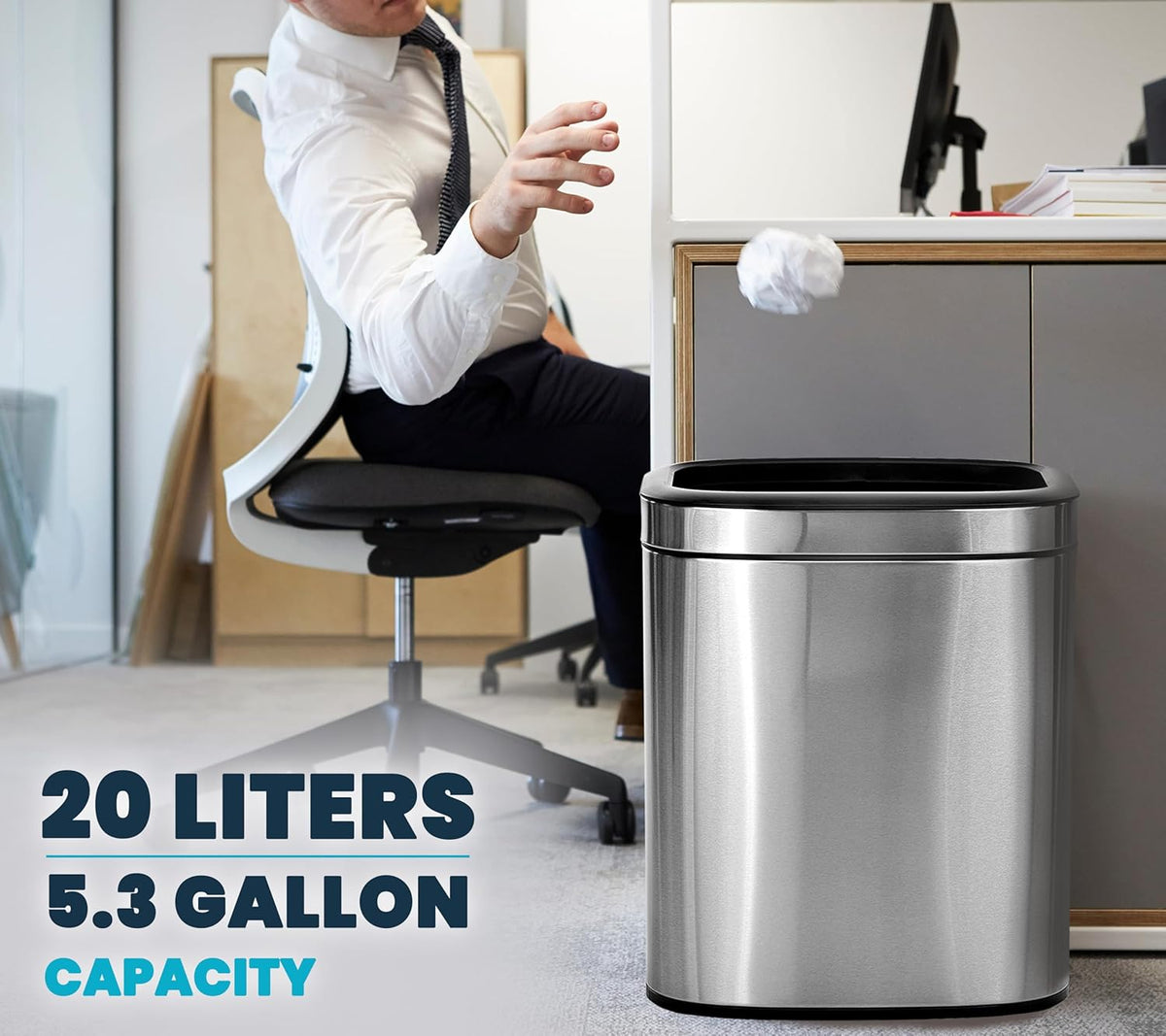 Alpine Stainless Steel Open Top Trash Can 5 Gallon - 20L Garbage Can for Kitchen, Bathroom, Office