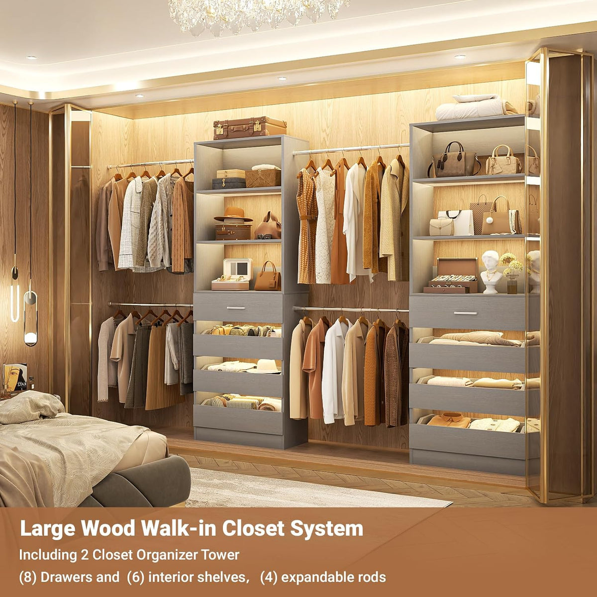 Aheaplus Closet System, 6-15Ft Closet Organizer with 8 Wooden Drawers, Wood Closet Organizer System