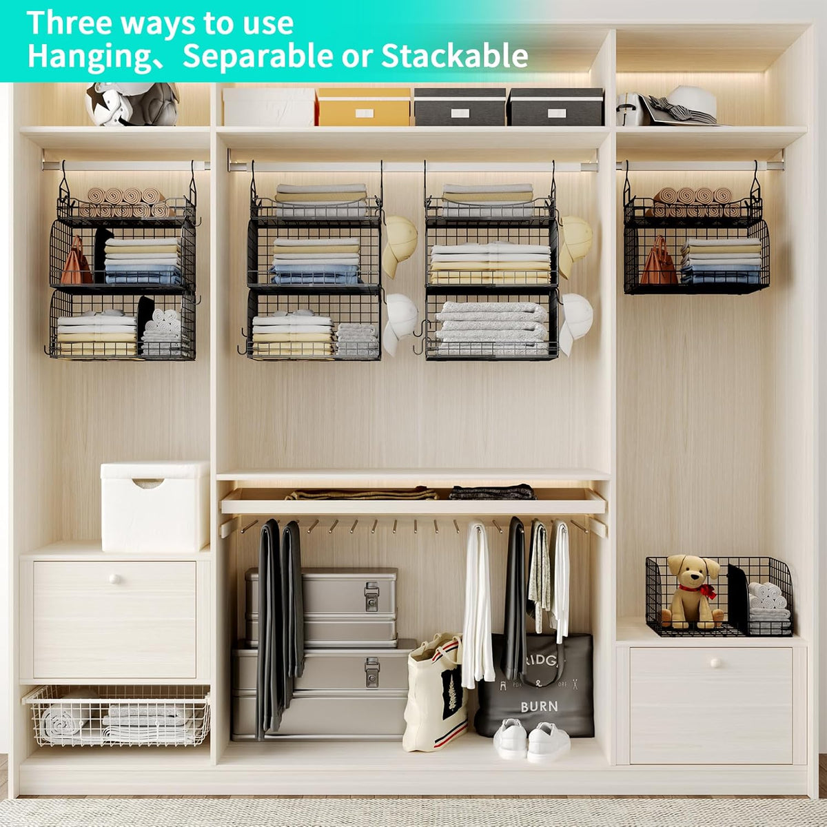 HapiRm Hanging Closet Organizer Storage - 3 Tier Metal Stackable Hanging Closet Shelves with