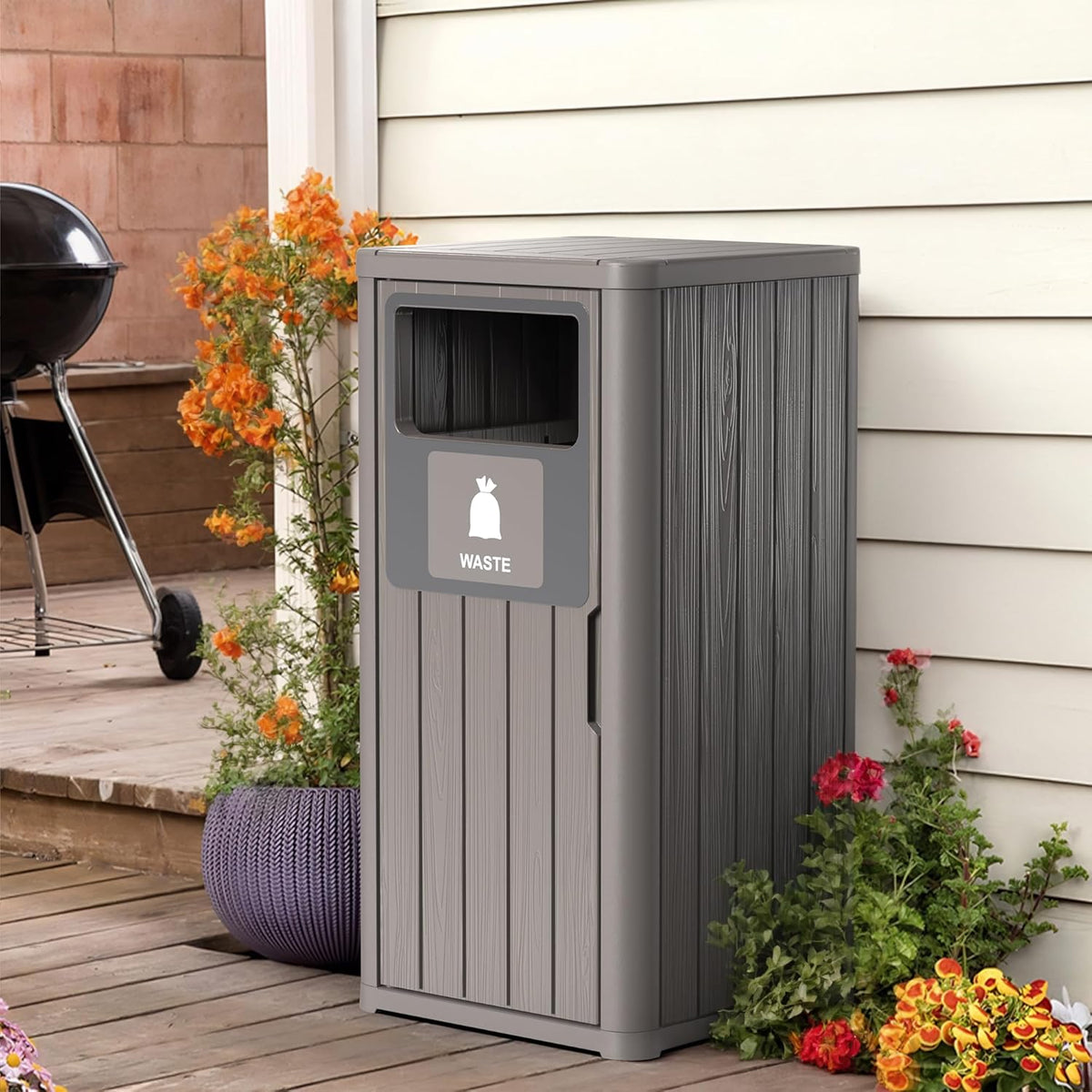 ROJIK 35" Tall Outdoor Trash Can,Weatherproof Resin Garbage Indoor Durable Lightweight,Suitable for