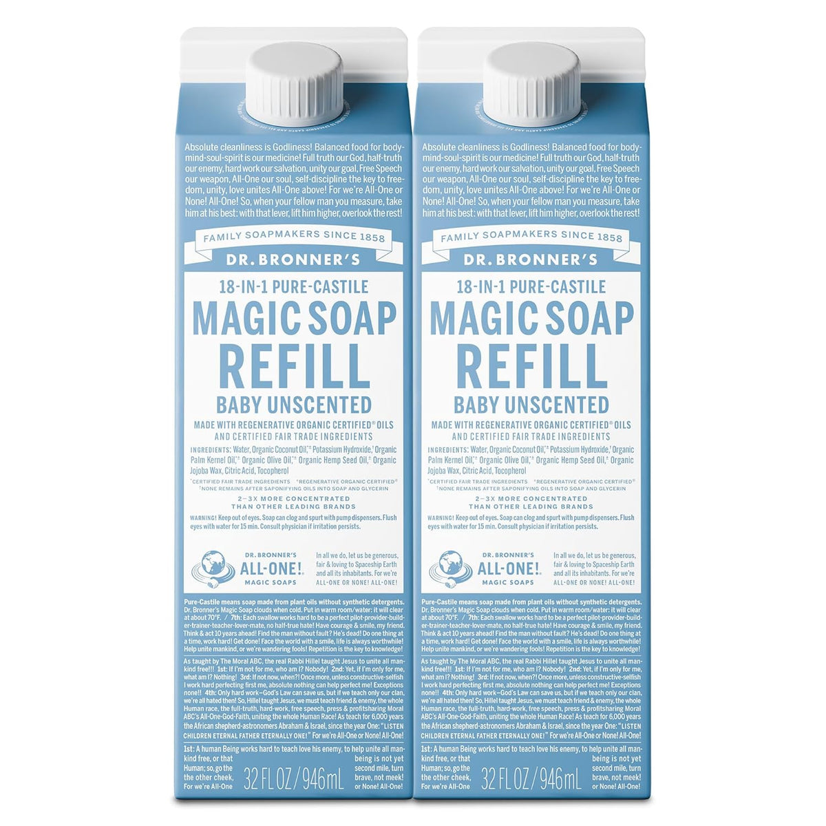 Dr. Bronner's Magic Soap-Pure-Castile Liquid Refill (Baby Unscented, 32 ounce, 2-Pack) - Made with