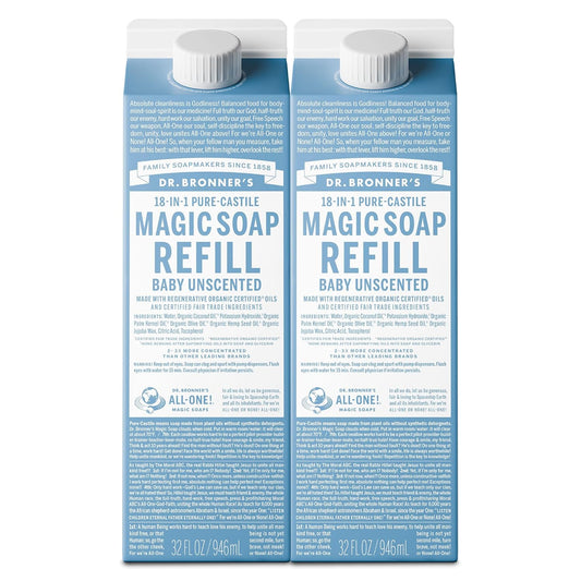 Dr. Bronner's Magic Soap-Pure-Castile Liquid Refill (Baby Unscented, 32 ounce, 2-Pack) - Made with