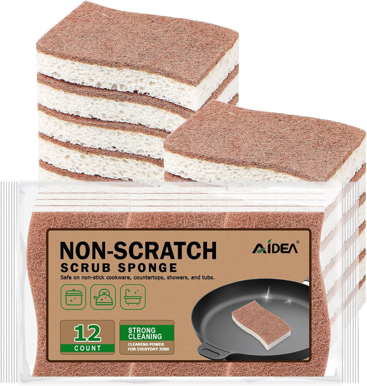 AIDEA Sponges Non Scratch, 12Count, Natural Sponge for Non Stick Cookware, Sponges Kitchen