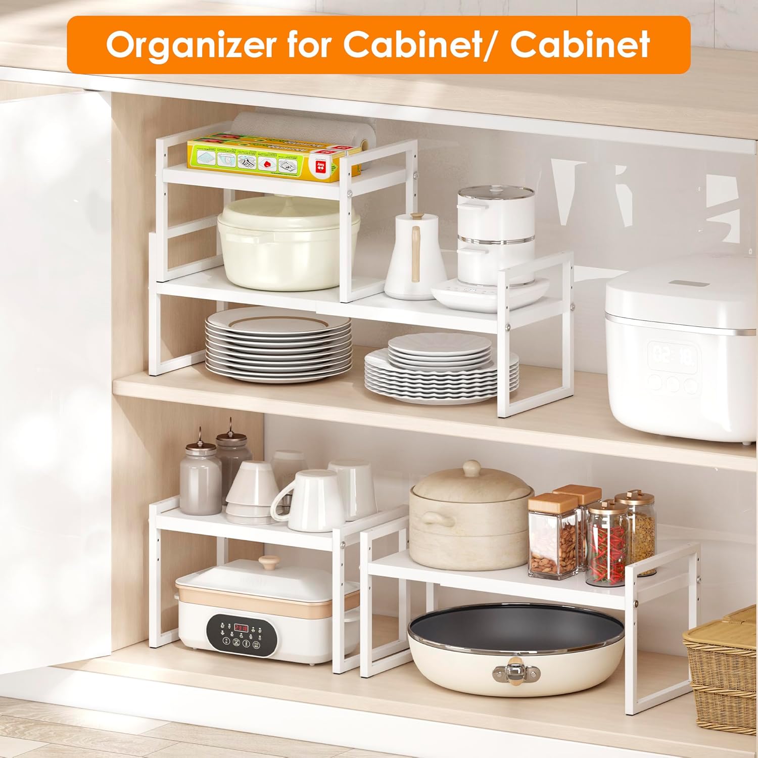 DOLALIKE Expandable Kitchen Countertop Organizer, Stackable Cabinet Shelf Organizers, Space Saving