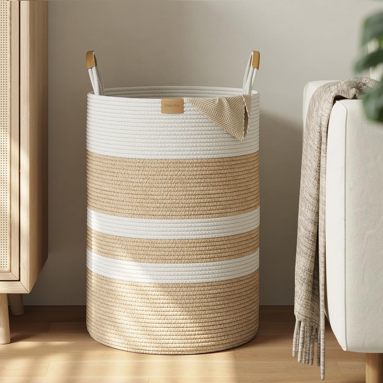 95L Striped Laundry Hamper with Leather Handles,Large Foldable Laundry Basket for Clothes,Cotton