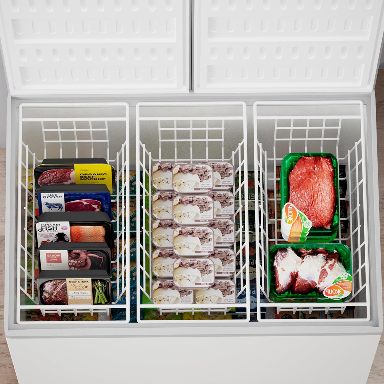 SANNO Chest Freezer Baskets Organizer, Deep Freezer Baskets Bin Sturdy Metal Wire freezer storage