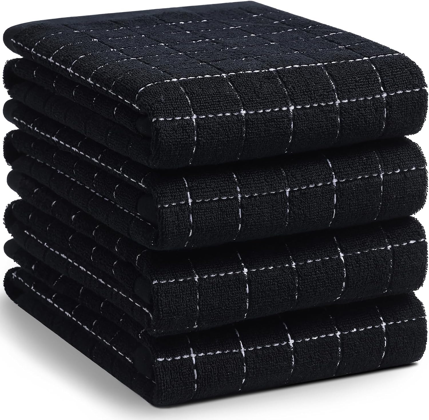 Homaxy 100% Cotton Terry Kitchen Towels(Black, 20 x 28 inches), Checkered Designed, Soft and Super