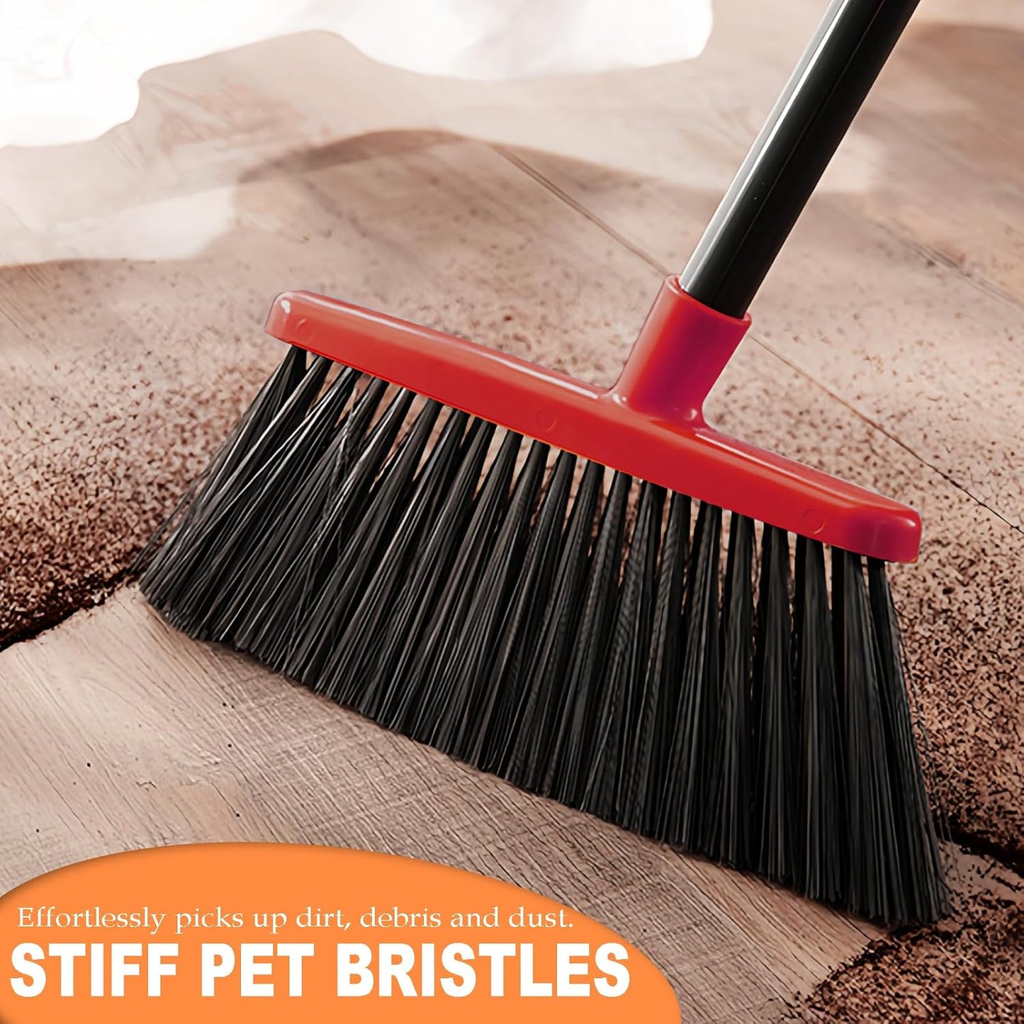 Small Broom Stiff Bristles Brush with Long Handle Indoor or Outdoor Compact Broom for Sweeping
