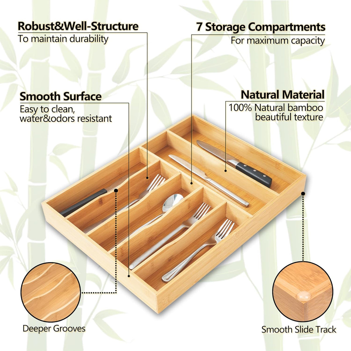 Silverware Organizer, 12.5 Inch Utensil Organizer Kitchen Drawer Organizer Bamboo Silverware Holder