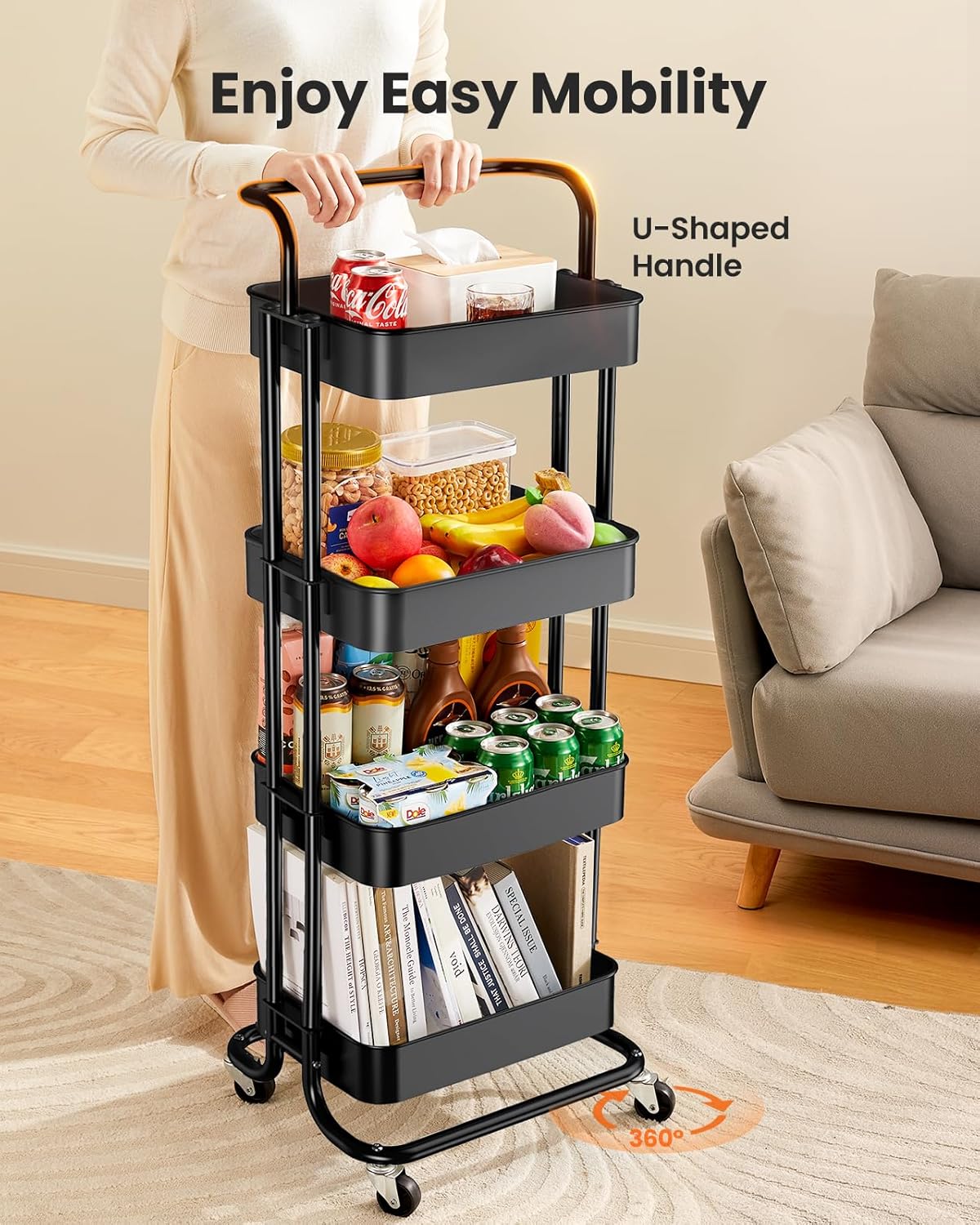 Pipishell 4 Tier Mesh Utility Cart, Rolling Metal Organization Cart with Handle and Lockable