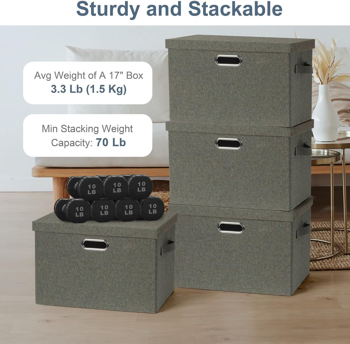 Large 17" 36 Quart Collapsible Stackable Storage Bins with Lids, 3 Packs Dark green Foldable Fabric