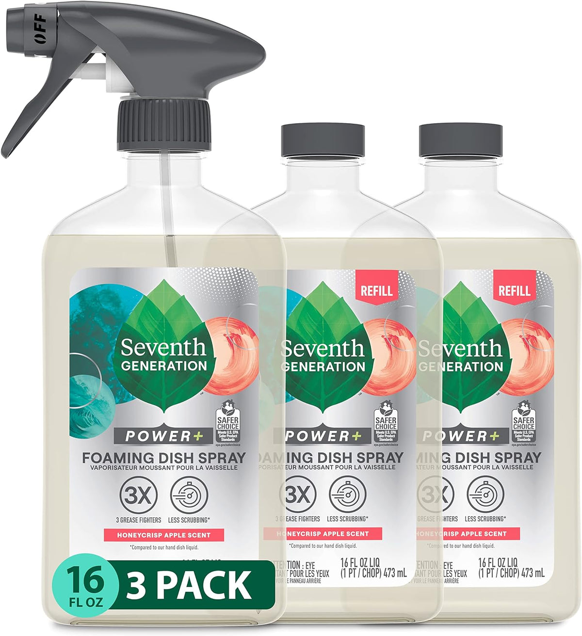 Seventh Generation Foaming Dish Spray, Honey Crisp Apple 16 Fl Oz (Pack of 3), Refill Pack of 3
