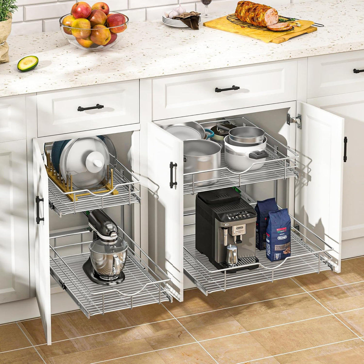 WelFurGeer 2-Tier Stainless Steel Pull Out Cabinet Organizer, Soft Close Damping Slides, Heavy Duty