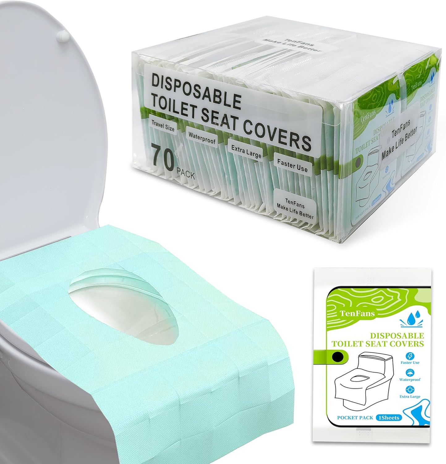 TenFan Disposable Toilet Seat Covers - 70-Pack Waterproof XL Travel Pack, Adhesive Secure Fit for