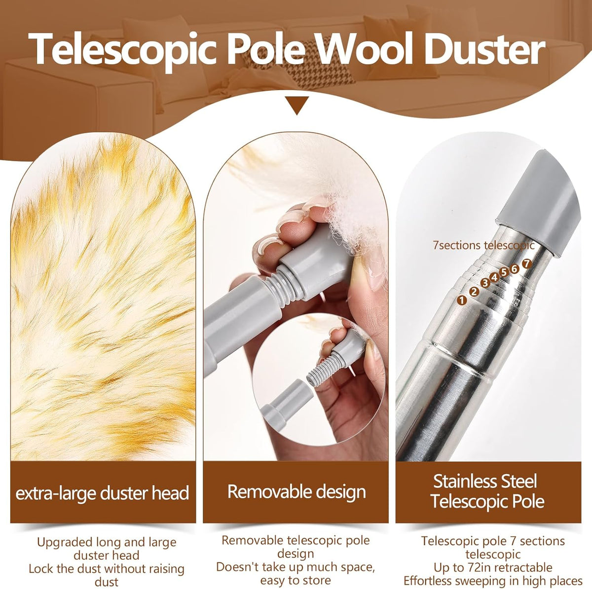 Lambswool Duster for Cleaning with Non-Slip Handle 98.4" Removable Retractable Feather Duster for