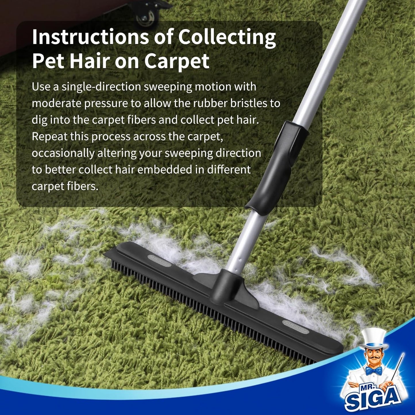 MR.SIGA Pet Hair Removal Rubber Broom with Built in Squeegee, 3 in 1 Floor Brush for Carpet, 61