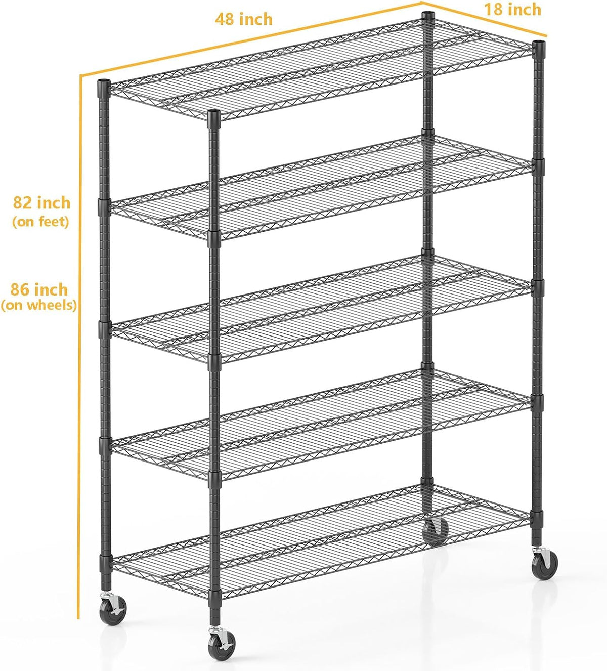 Himimi 82" H Storage Shelves 5 Tier Metal Shelving Adjustable Wire Shelf with Wheels, Heavy Duty