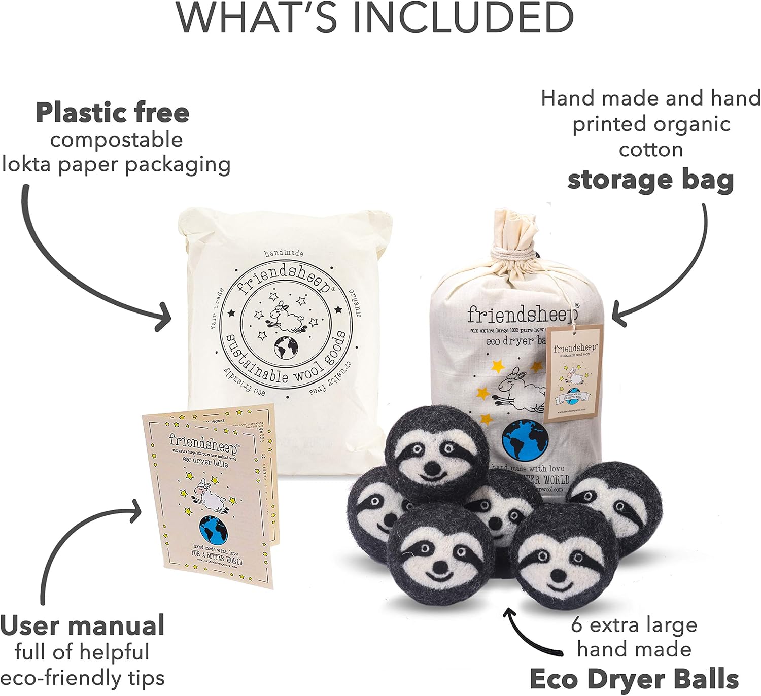 Friendsheep Wool Dryer Balls 6 Pack XL Organic Premium Reusable Cruelty Free Handmade Fair Trade No