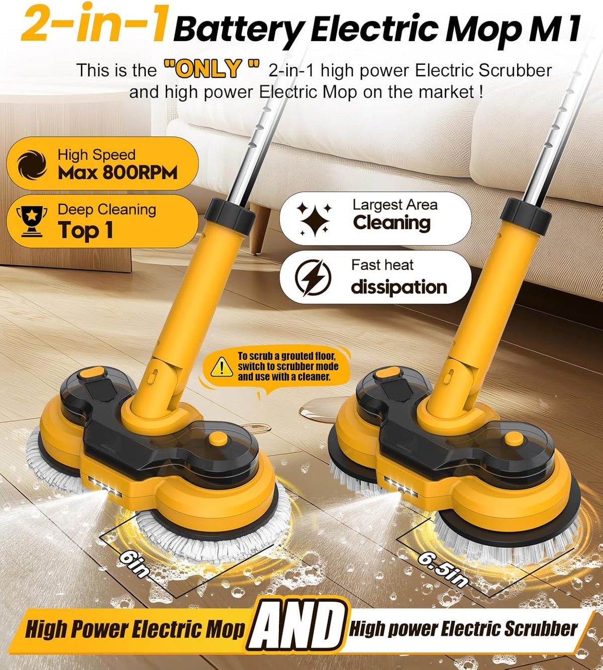 qimedo 6000mAh Battery Electric Mop M1, 800RPM Cordless Electric Power Scrubber & Mops for Floor