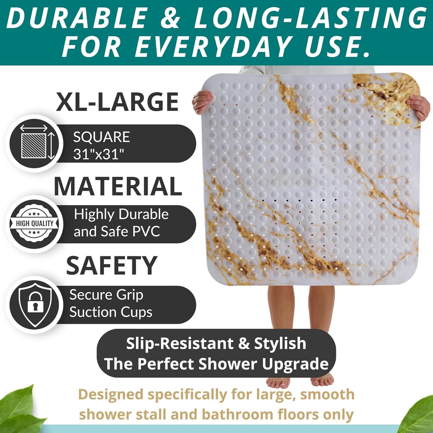 ENKOSI Extra Large Square Non Slip Shower Mat - 31 x 31-inch XL Bathroom Shower Mat - Square Shower