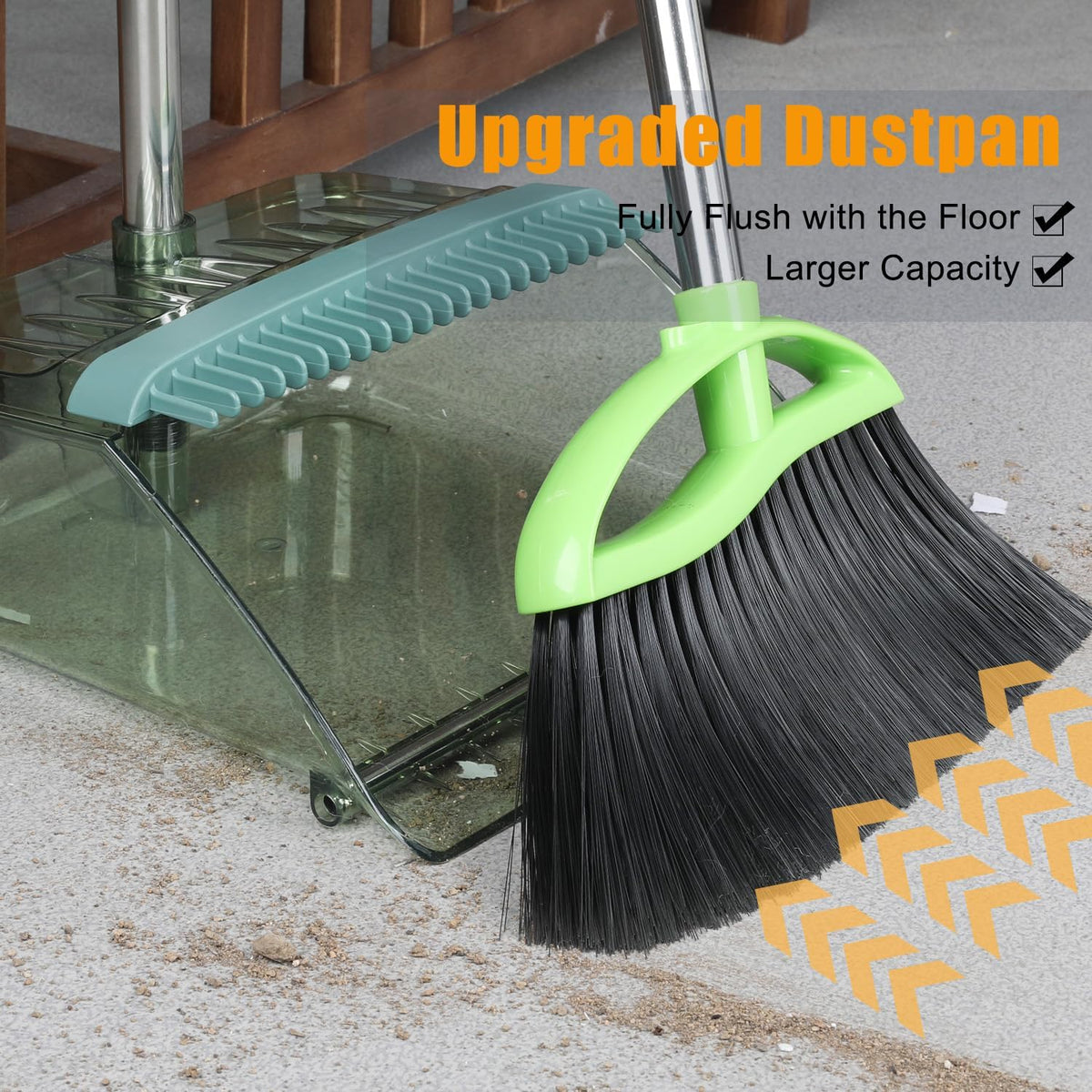 Soft Bristles Green Angle Broom and Dustpan Set, Long Handle Household Indoor Broom with Dustpan