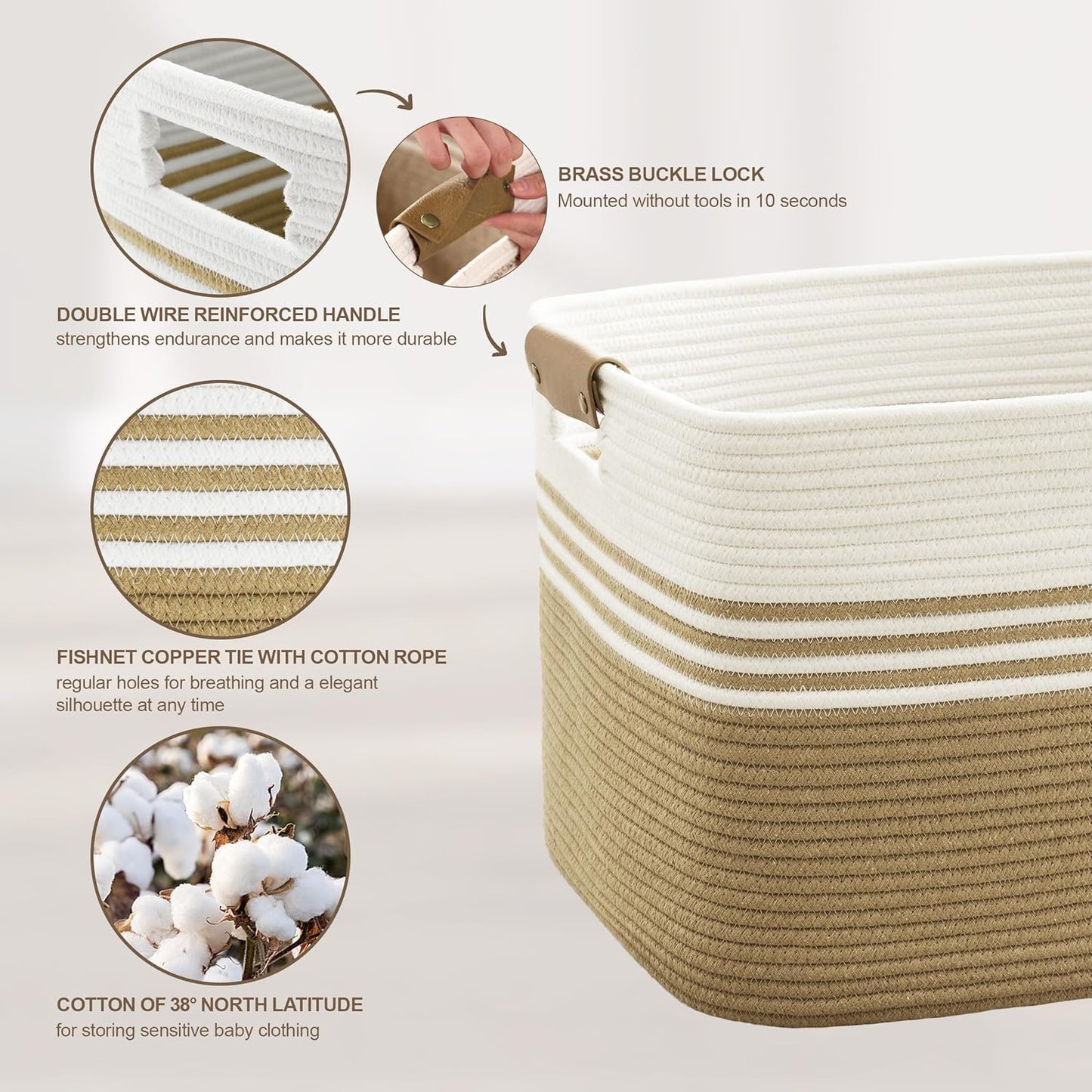 45L Small Laundry Basket with Leather Handles for Living Room Storage, Woven Rope Baskets Bin for