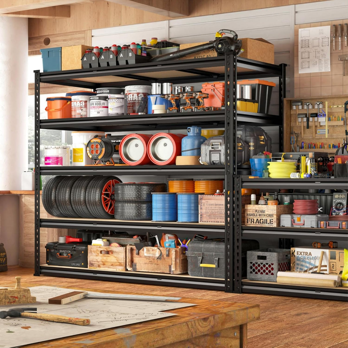 REIBII 48" W Garage Shelving Heavy Duty, 3000LBS Storage Shelves, 5-Tier Adjustable Metal Shelving