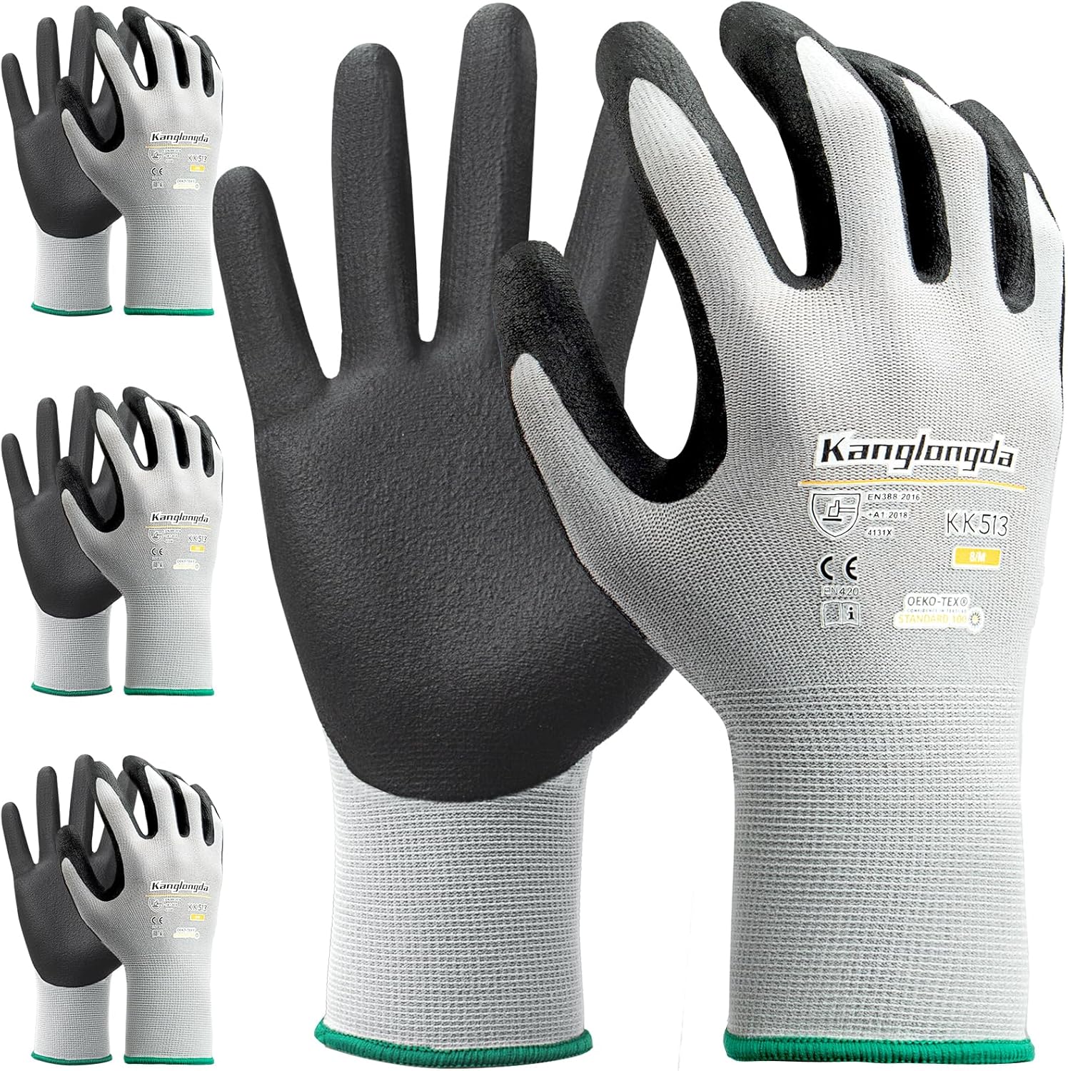 3-Paris XL Work Gloves for Men and Women, Nitrile Coated Safety Protective Gloves with Grip, Ideal