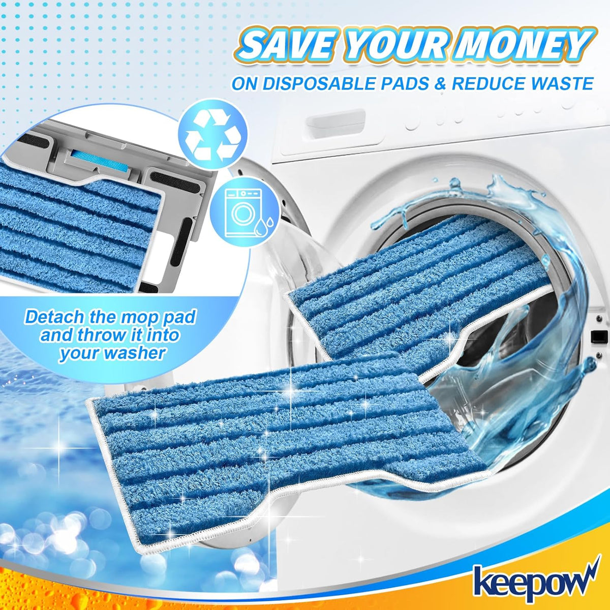 KEEPOW Reusable Mop Pads Refills, Replacement Pads Compatible with Shark Vac Mop VM252 VM200 VC205