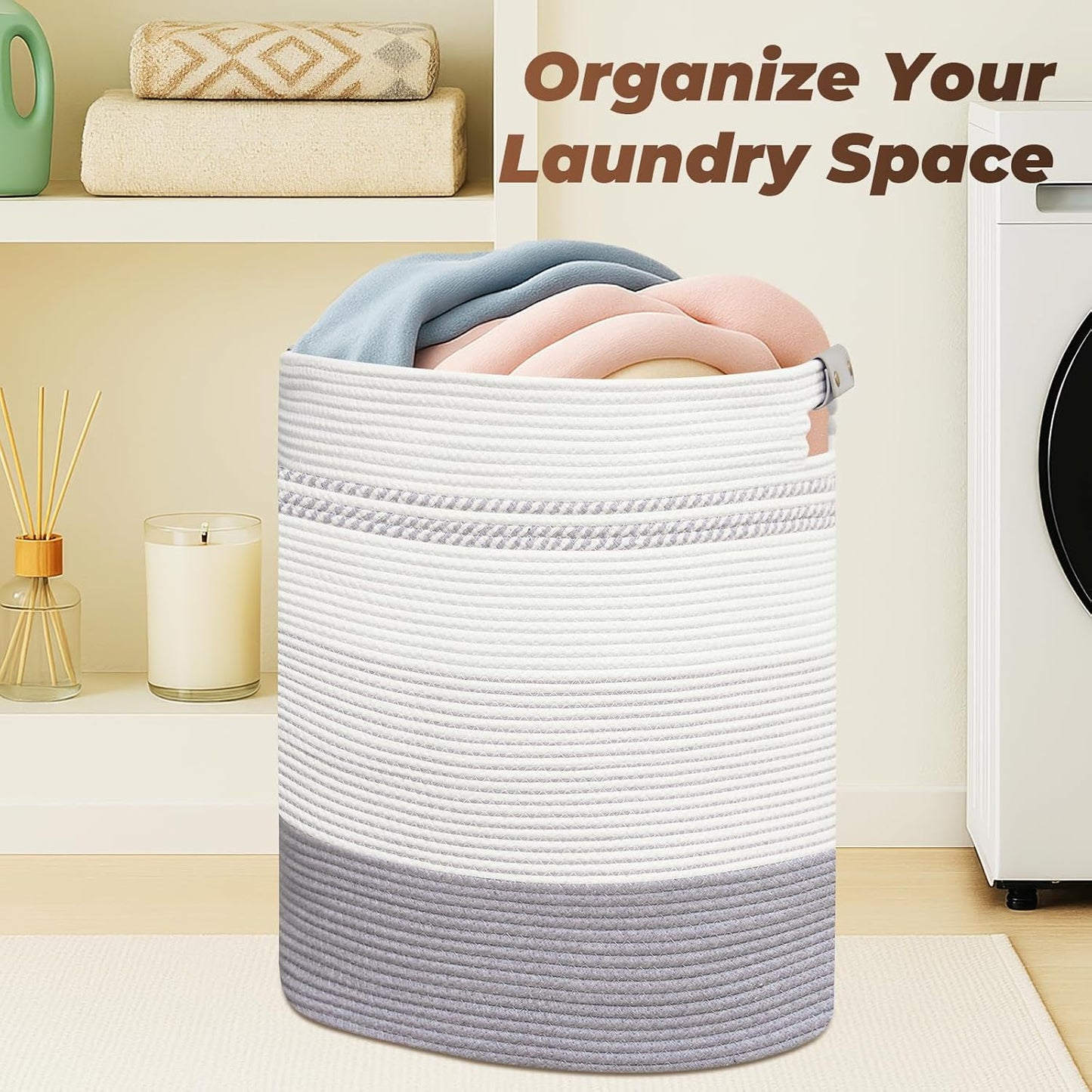 Laundry Basket with Handles - Blanket Basket & Hampers for Bedroom Aesthetic, Laundry Hamper &