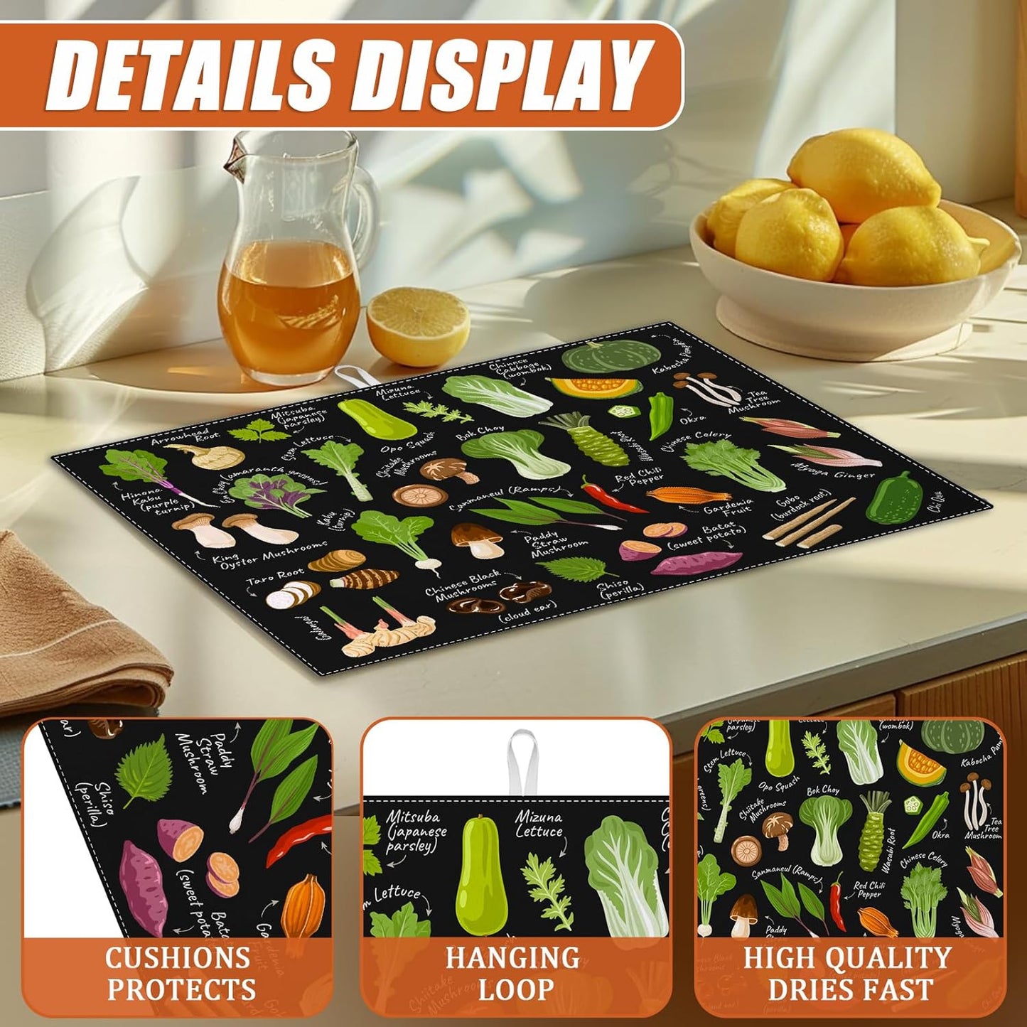 Vegetables Dish Drying Mat for Kitchen Counter Microfiber Absorbent Dish Kitchen Drying Mat