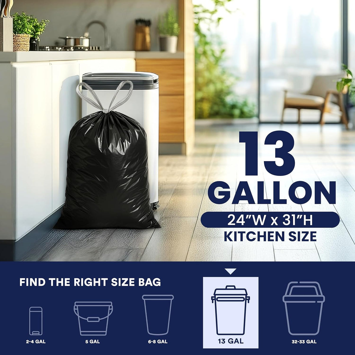 Plasticplace 13 gallon Extra Tall Drawstring Kitchen Trash Bags | Black 1.2 Mil, 24"W x 31"H