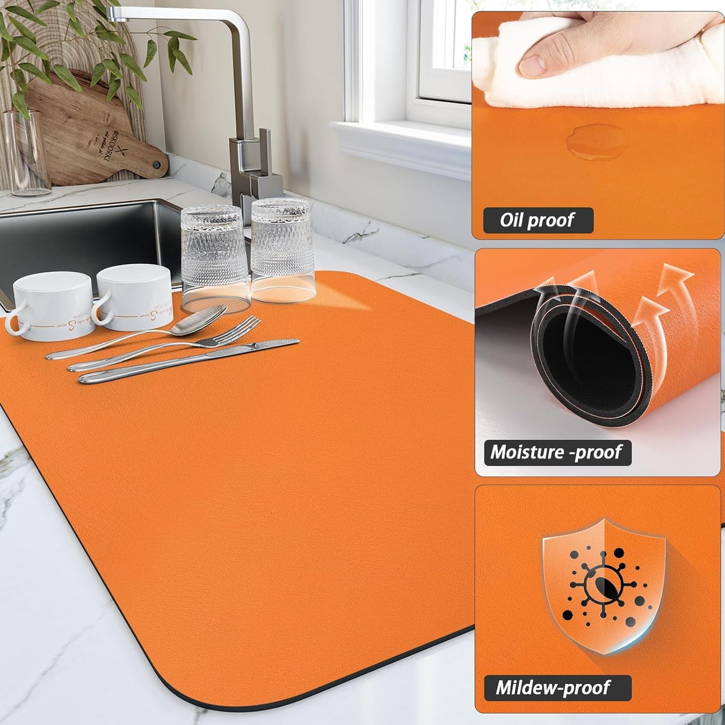 Dish Drying Mat for Kitchen Counter, Heat Resistant Drainer Mats with Non-slip Rubber Backed, Hide